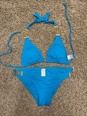 Turquoise Blue Bikini Set with Gold Chain Accents